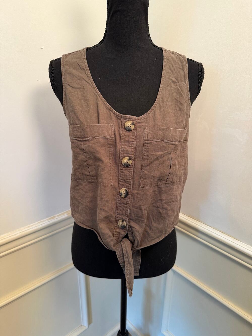 DEX Linen Blend Tie-Front Button Down Tank Top Brown Olive Sleeveless Cropped